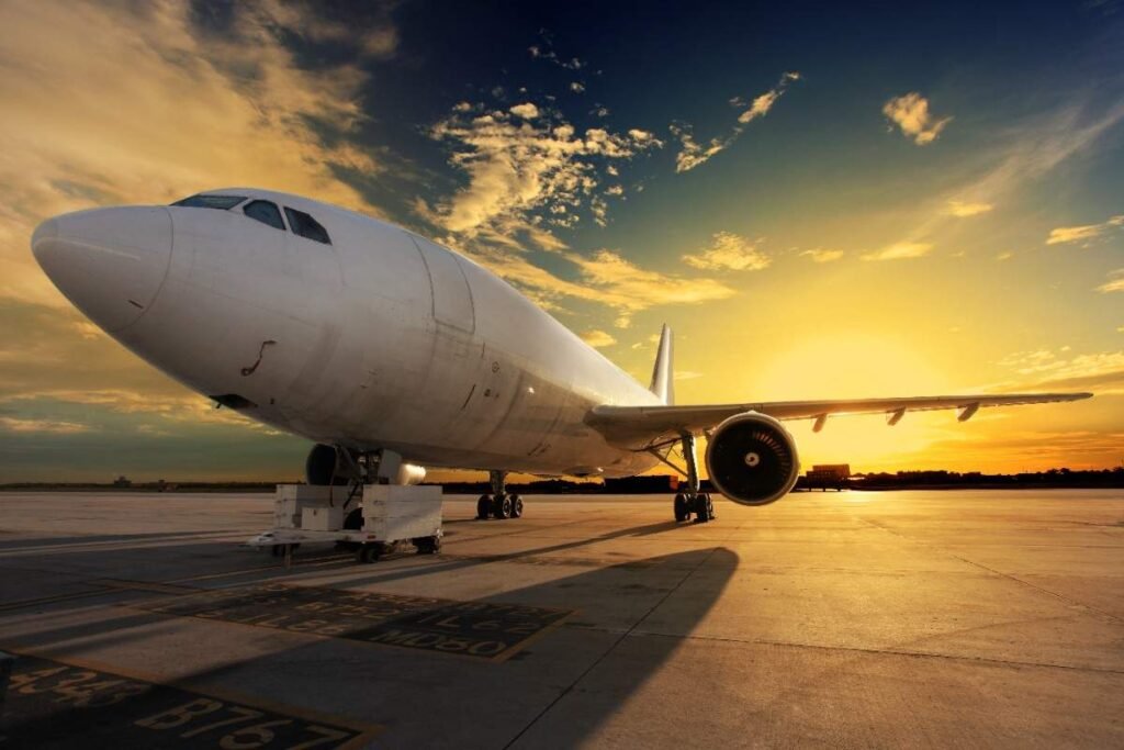 airplane on runway in sunset time