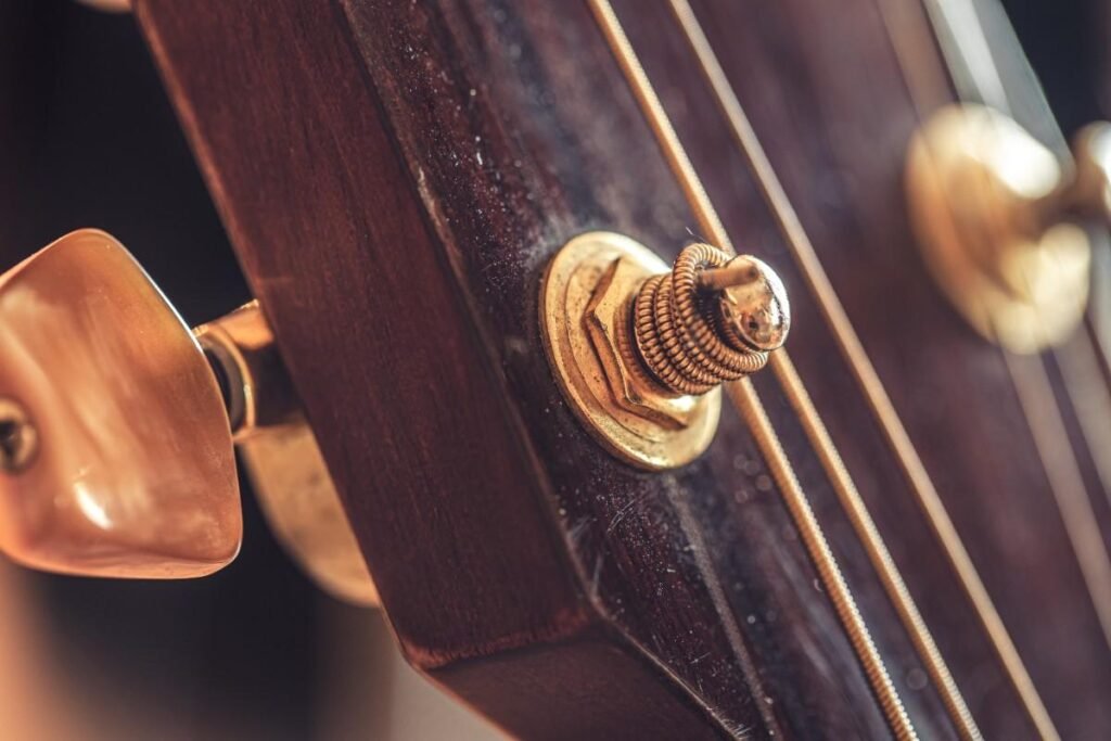 Close up part of an acoustic guitar macro detail
