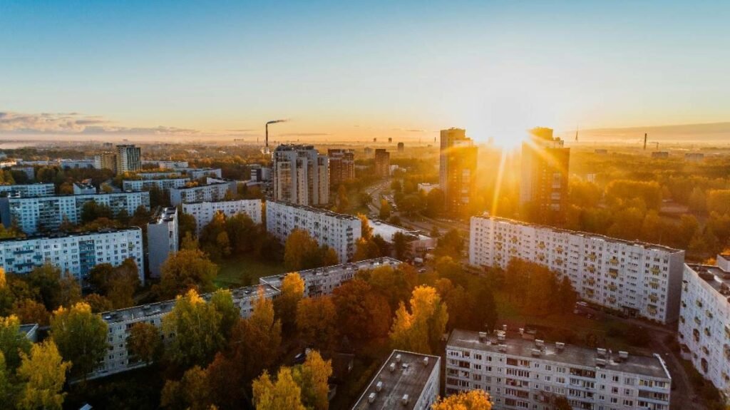 A drone shot of town with building 