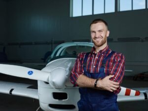 Aircraft mechanic standing with aircraft in background