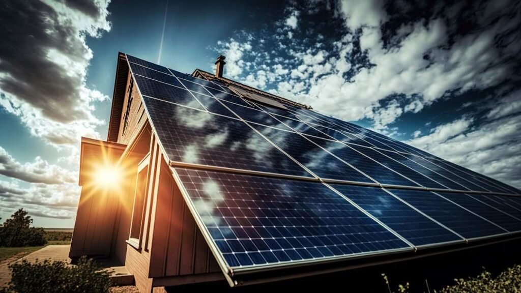 Solar panels on roof with sun shing in background