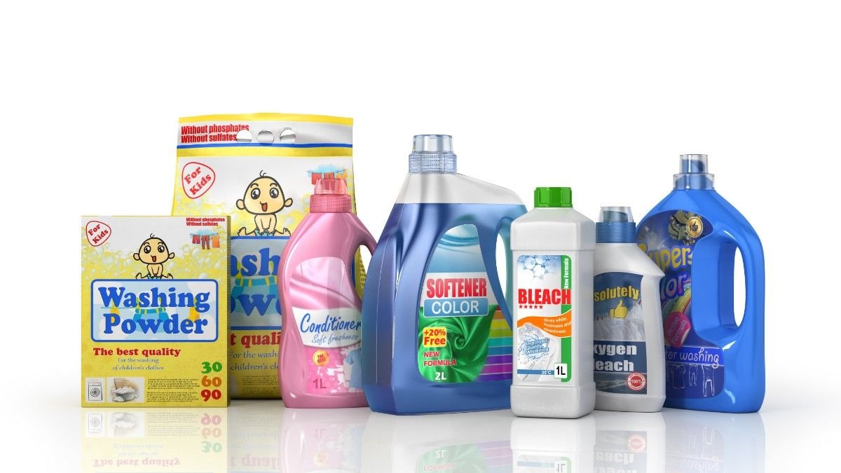 Bottles of branded laundry detergents