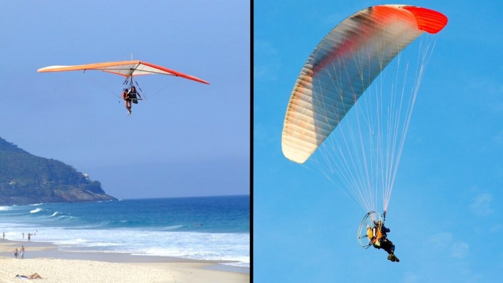 Two images of Hang Glider and Paraglider in air