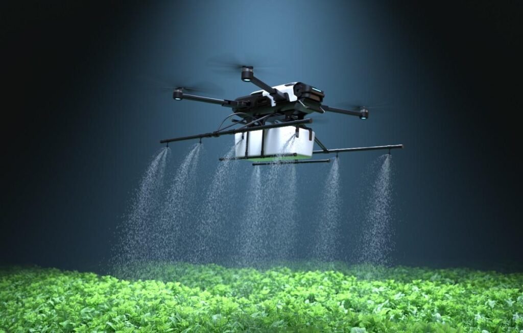 Drone spraying on crops