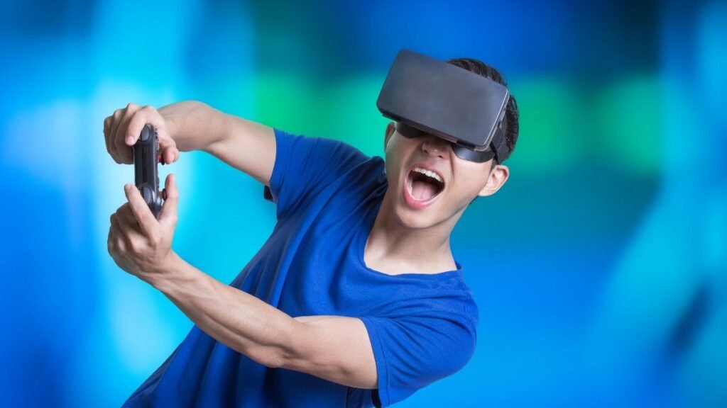 Virtual reality headset worn by man