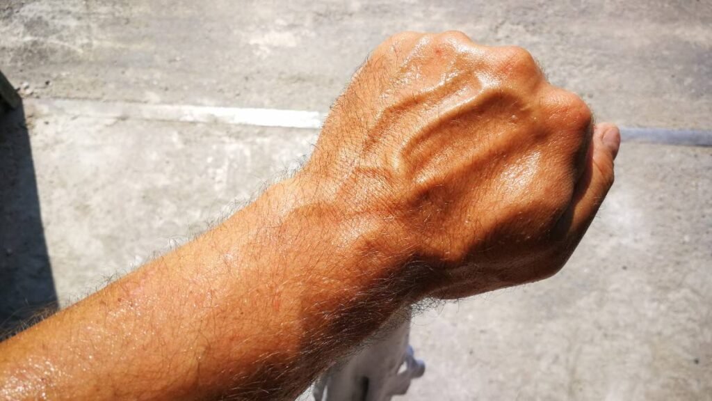 Sweaty hand of a manual worker holding out a piece of clothing on a hot summer day