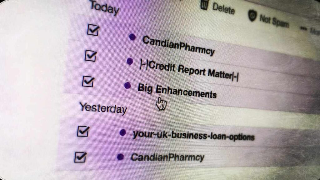 Spam emails on computer screen