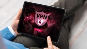 Man using VPN (Virtual Private Network) on tablet