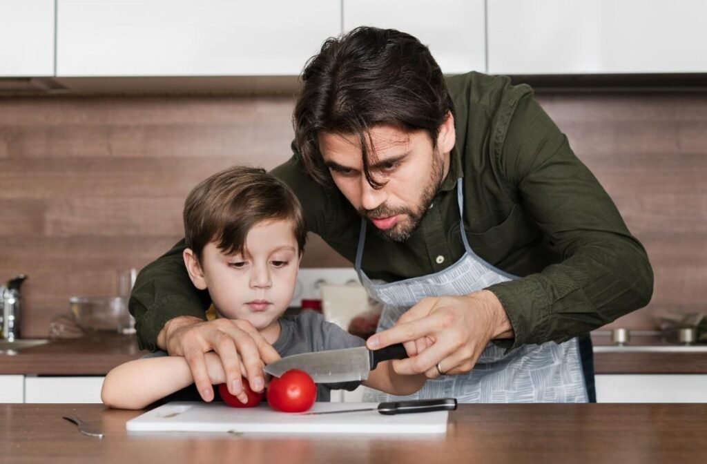 Father and son in kitchen