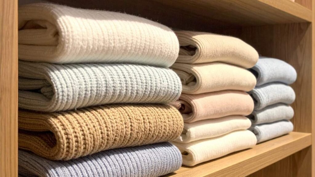 Folded Knitwear on Wooden Shelves