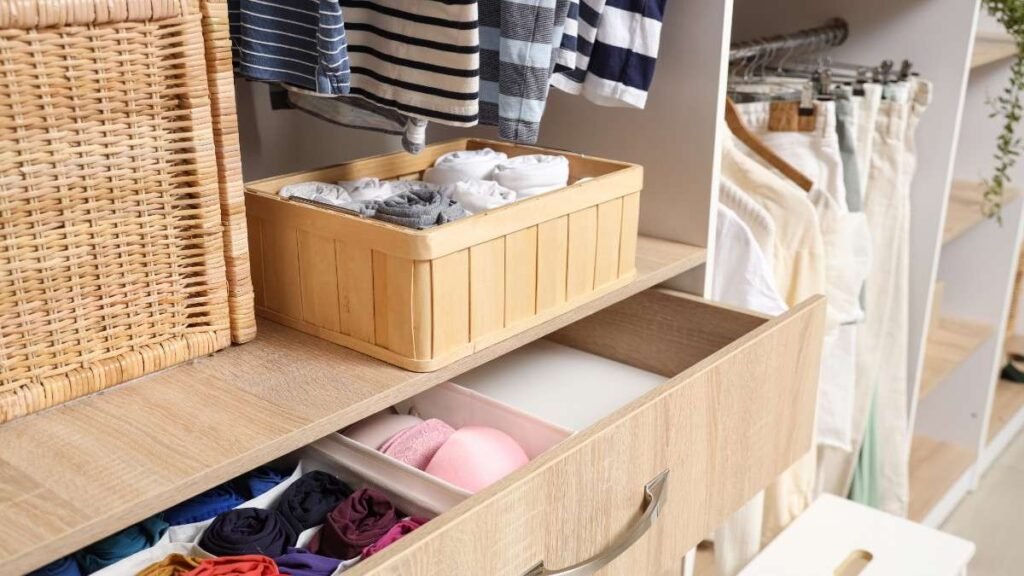 Open Drawer with Organized Clothes in Wardrobe